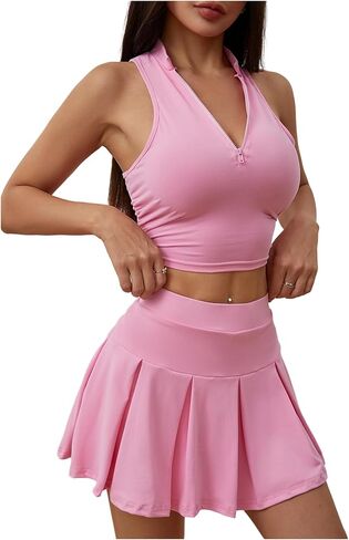 SOLY HUX Women's Summer 2 Piece Outfits Half Zip Crop Tank Tops and Mini Pleated Skirt Set in Kuwait