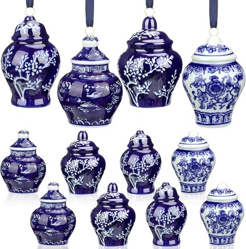Peryiter 12 Pieces Christmas Chinoiserie Ornaments Mini Ginger Jar Porcelain Blue and White Ornaments Christmas Chinoiserie for Xmas Tree Decoration(Blue White,Vintage) in Saudi Arabia