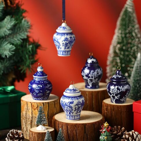 Peryiter 12 Pieces Christmas Chinoiserie Ornaments Mini Ginger Jar Porcelain Blue and White Ornaments Christmas Chinoiserie for Xmas Tree Decoration(Blue White,Vintage) in Saudi Arabia