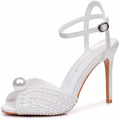 Crystal Queen 4.1 inches Womens Pearls Wedding Sandals Peep Toe Stiletto Heel Sandals Bridal Pearl High Heels for Evening Party in Kuwait