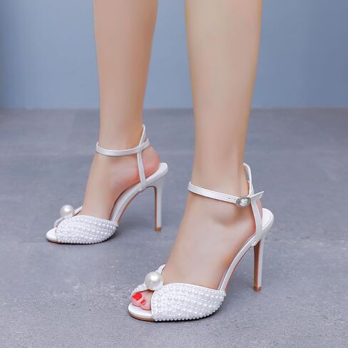 Crystal Queen 4.1 inches Womens Pearls Wedding Sandals Peep Toe Stiletto Heel Sandals Bridal Pearl High Heels for Evening Party in Kuwait
