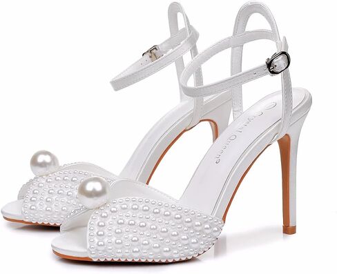 Crystal Queen 4.1 inches Womens Pearls Wedding Sandals Peep Toe Stiletto Heel Sandals Bridal Pearl High Heels for Evening Party in Kuwait