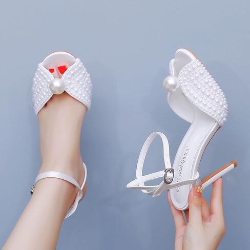 Crystal Queen 4.1 inches Womens Pearls Wedding Sandals Peep Toe Stiletto Heel Sandals Bridal Pearl High Heels for Evening Party in Kuwait
