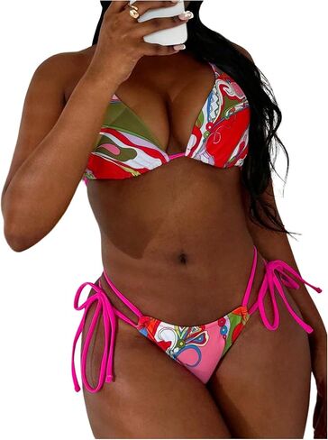 Women's 3 Piece Graphic String Bikini Set Halter Triangle High Cut Swimsuits with Headband in Saudi Arabia
