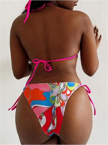 Women's 3 Piece Graphic String Bikini Set Halter Triangle High Cut Swimsuits with Headband in Saudi Arabia