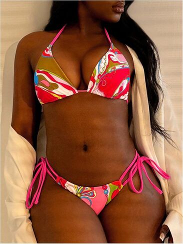 Women's 3 Piece Graphic String Bikini Set Halter Triangle High Cut Swimsuits with Headband in Saudi Arabia