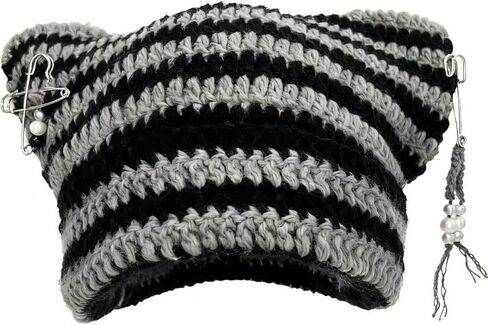 قبعة صغيرة على شكل أذن قطة من الكروشيه طراز Y2K مع إكسسوارات ذاتية الصنع قبعة منسوجة على شكل قوطي للنساء والفتيات in Kuwait