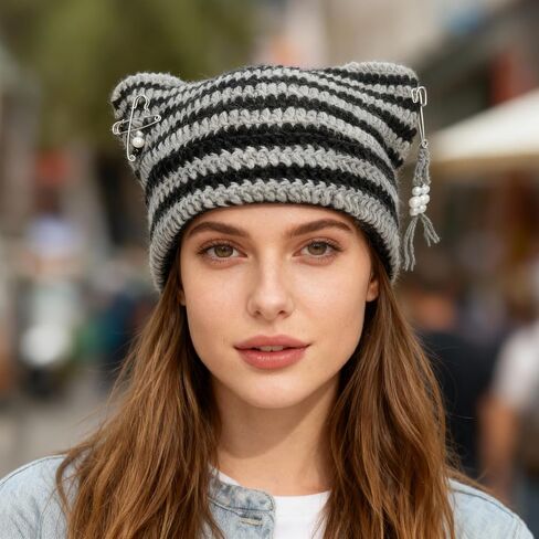 قبعة صغيرة على شكل أذن قطة من الكروشيه طراز Y2K مع إكسسوارات ذاتية الصنع قبعة منسوجة على شكل قوطي للنساء والفتيات in Kuwait