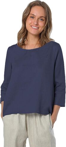 Amazhiyu Women's Linen 3/4 Sleeve Blouse Crew Neck Summer Casual Tops Loose Fit in Saudi Arabia