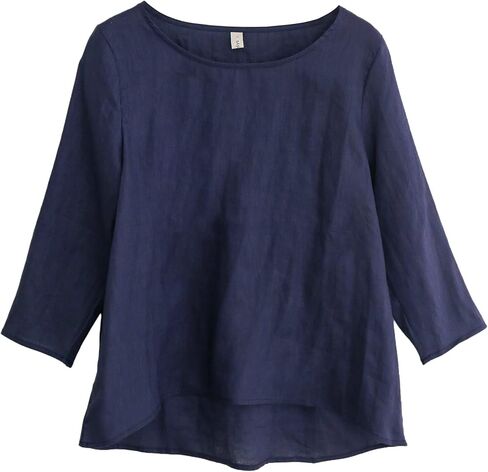 Amazhiyu Women's Linen 3/4 Sleeve Blouse Crew Neck Summer Casual Tops Loose Fit in Saudi Arabia
