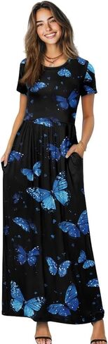 فستان قميص صيفي للنساء 2025 فساتين ماكسي بفتحة رقبة مستديرة مع جيوب وأكمام قصيرة فساتين صيفية للشاطئ in Kuwait