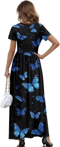 فستان قميص صيفي للنساء 2025 فساتين ماكسي بفتحة رقبة مستديرة مع جيوب وأكمام قصيرة فساتين صيفية للشاطئ in Kuwait