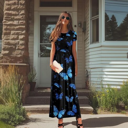 فستان قميص صيفي للنساء 2025 فساتين ماكسي بفتحة رقبة مستديرة مع جيوب وأكمام قصيرة فساتين صيفية للشاطئ in Kuwait