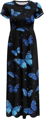 فستان قميص صيفي للنساء 2025 فساتين ماكسي بفتحة رقبة مستديرة مع جيوب وأكمام قصيرة فساتين صيفية للشاطئ in Kuwait