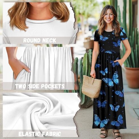 فستان قميص صيفي للنساء 2025 فساتين ماكسي بفتحة رقبة مستديرة مع جيوب وأكمام قصيرة فساتين صيفية للشاطئ in Kuwait