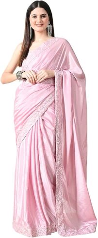 Women's Solid Chiffon Silk Blend Saree with Embroidered Lace Border and Belt in Saudi Arabia