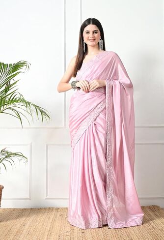 Women's Solid Chiffon Silk Blend Saree with Embroidered Lace Border and Belt in Saudi Arabia