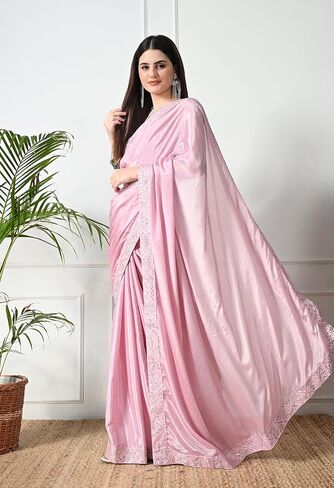 Women's Solid Chiffon Silk Blend Saree with Embroidered Lace Border and Belt in Saudi Arabia