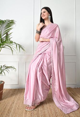 Women's Solid Chiffon Silk Blend Saree with Embroidered Lace Border and Belt in Saudi Arabia