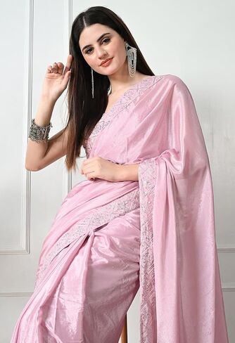 Women's Solid Chiffon Silk Blend Saree with Embroidered Lace Border and Belt in Saudi Arabia