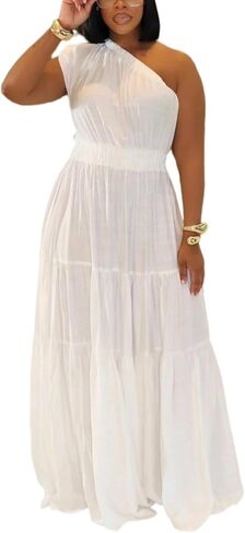 Women's 2025 Linen One Shoulder Dresses Summer Casual Sleeveless Flowy Ruffle Beach Vacation Maxi Dress in Saudi Arabia
