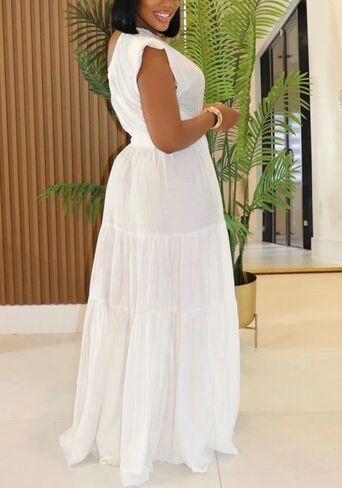 Women's 2025 Linen One Shoulder Dresses Summer Casual Sleeveless Flowy Ruffle Beach Vacation Maxi Dress in Saudi Arabia