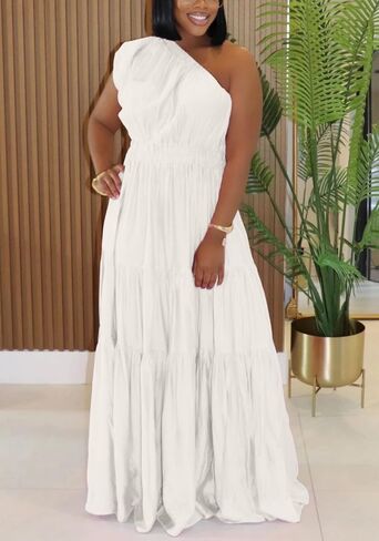 Women's 2025 Linen One Shoulder Dresses Summer Casual Sleeveless Flowy Ruffle Beach Vacation Maxi Dress in Saudi Arabia