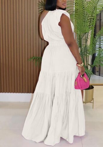 Women's 2025 Linen One Shoulder Dresses Summer Casual Sleeveless Flowy Ruffle Beach Vacation Maxi Dress in Saudi Arabia