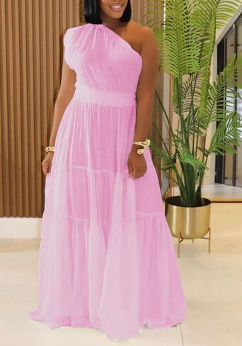 Women's 2025 Linen One Shoulder Dresses Summer Casual Sleeveless Flowy Ruffle Beach Vacation Maxi Dress in Saudi Arabia