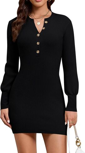 Blooming Jelly Womens Sweater Dress V Neck Mini Bodycon Fall Dresses Button Down Knit Puff Long Sleeve Winter Clothes in Kuwait