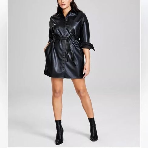And Now This Women's Belted Faux Leather Shirtdress Black Size Small in Saudi Arabia