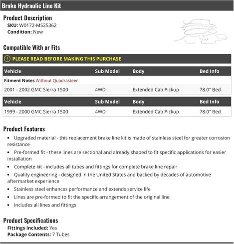 طقم أنابيب الفرامل الهيدروليكية 7 - متوافق مع 1999-2002 GMC Sierra 1500 4WD لاقط الكابينة الممتد مع سرير 78 بوصة in Saudi Arabia