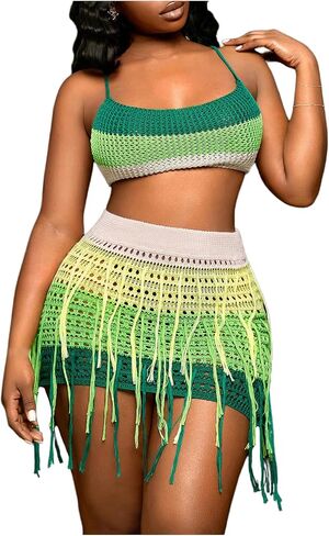 MakeMeChic Women's Plus Size 2 Piece Crochet Cover Up Colorblock Criss Cross Tie Back Tops Fringe Skirt Set in Saudi Arabia