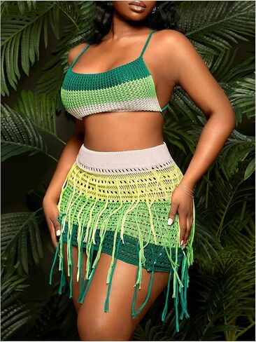 MakeMeChic Women's Plus Size 2 Piece Crochet Cover Up Colorblock Criss Cross Tie Back Tops Fringe Skirt Set in Saudi Arabia