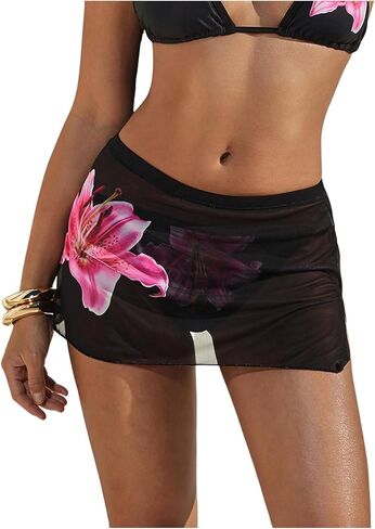 MakeMeChic Women's Floral Bikini Cover Up Skirts Mesh Sheer Split Hem Beach Skirt Coverups in Saudi Arabia