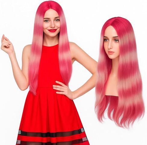 Fish Wigs Halloween Fish Costume Anime Funny Character Cosplay 26 Inches Rose Red and White Gradient Long Wigs Heat Resistant for Halloween Dress up Party Accessories in Saudi Arabia