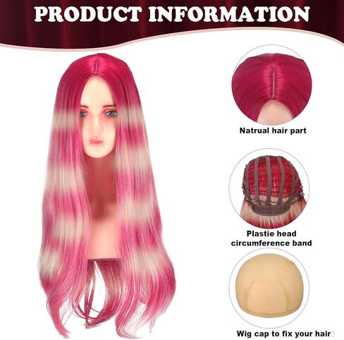 Fish Wigs Halloween Fish Costume Anime Funny Character Cosplay 26 Inches Rose Red and White Gradient Long Wigs Heat Resistant for Halloween Dress up Party Accessories in Saudi Arabia