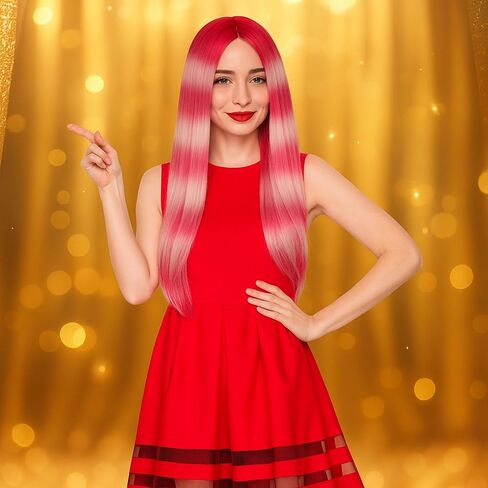 Fish Wigs Halloween Fish Costume Anime Funny Character Cosplay 26 Inches Rose Red and White Gradient Long Wigs Heat Resistant for Halloween Dress up Party Accessories in Saudi Arabia
