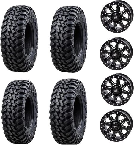 Tusk Set of 32x10-15 Tusk TERRABITE Heavy Duty 8-Ply Radial UTV Tires on UINTA Beadlock Wheels - Compatible with POLARIS applications 4/156 bolt pattern with Lug Nut (4+3 Wheel Offset, Milled Black) in Saudi Arabia