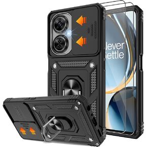 Fit for OnePlus Nord N30 5G Case with Slide Camera Cover & Screen Protector (2 Pack), Build in 360° Rotating Ring Kickstand [Military Grade] Protective Case for Nord N30 5g Case, Black