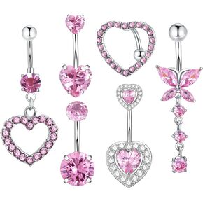 6 Pcs Pink Heart Belly Button Ring Dangle for Women Surgical Steel Pink Dangling Belly Rings Belly Button Piercing Belly Piercings Navel Piercings