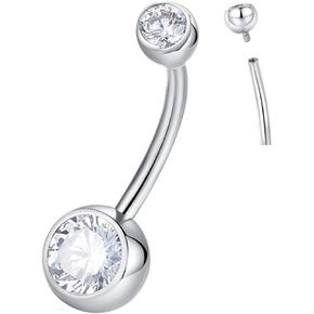 ORANGELOVE G23 Titanium Belly Button Ring CZ Round Cubic Zirconia Internally Threaded Belly Button Navel Piercing Ring 14mm 12mm 10mm 8mm 14G Belly Piercings Barbell Jewelry Navel Ring for Women Men