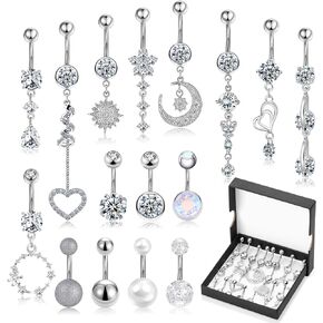 16 PCS 14G Dangle Belly Button Rings for Women, Stainless Steel Dangling Piercing Jewelry Belly Rings, Navel Rings Pack Cute Piercing Barbell Body Jewelry Gifts for Women Girls