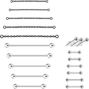 Mix Sizes Industrial Barbell Cartilage Earring Set Body Piercing Jewelry Retainer for Women Men Tongue Helix Barbell Surgical Steel Hoop Earrings with Chain, Straight Bar Length 24mm-60mm