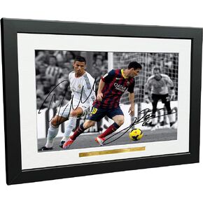 Signed 12x8 Black Soccer Lional Messi Barcelona Cristiano Ronaldo Real Madrid Autographed Photo Photograph Football Picture Frame Gift A4
