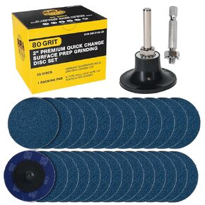 Dura-Gold 2" 36 Grit Quick Change Zirconia Coarse Cut Grinding Disc Set, 25 Discs & Backing Pad - R-Type Roll Lock Sandpaper Discs