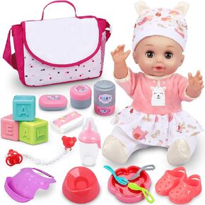 Baby Doll Care Set, Baby Doll Feeding Playset 20Pcs, Realistic Pretend Play Baby Doll, Incl Baby Care Bag, Milk Bottle, Pacifier, Diaper, Clothes, B-day Gifts for Age 3 4 5 6+ Year Old Girls Kids
