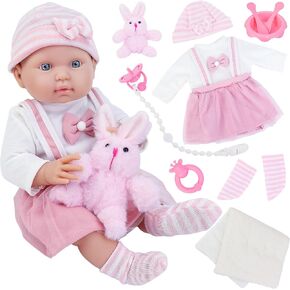 Ecore Fun 16 Inch Baby Doll Reborn Baby Dolls 16 in Realistic Newborn Girl Soft Silicone Baby Doll with Baby Doll Clothes (Dress & Hat & Socks), Ringing Bell,Pacifier, Toy Rabbit and Tableware