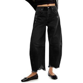 Cicy Bell Women's Baggy Wide Leg Jeans Barrel Horseshoe Boyfriend Cropped Raw Hem Denim Pants