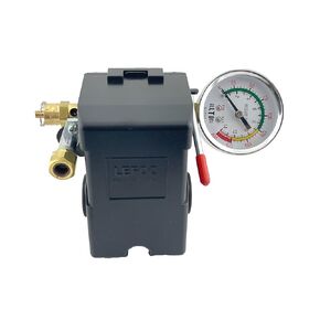 H/D Pressure Switch 4 Ports 95-125 psi w/150 psi Pop Off Valve, 26AMP, 0-200 psi Side Gauge Color Coded